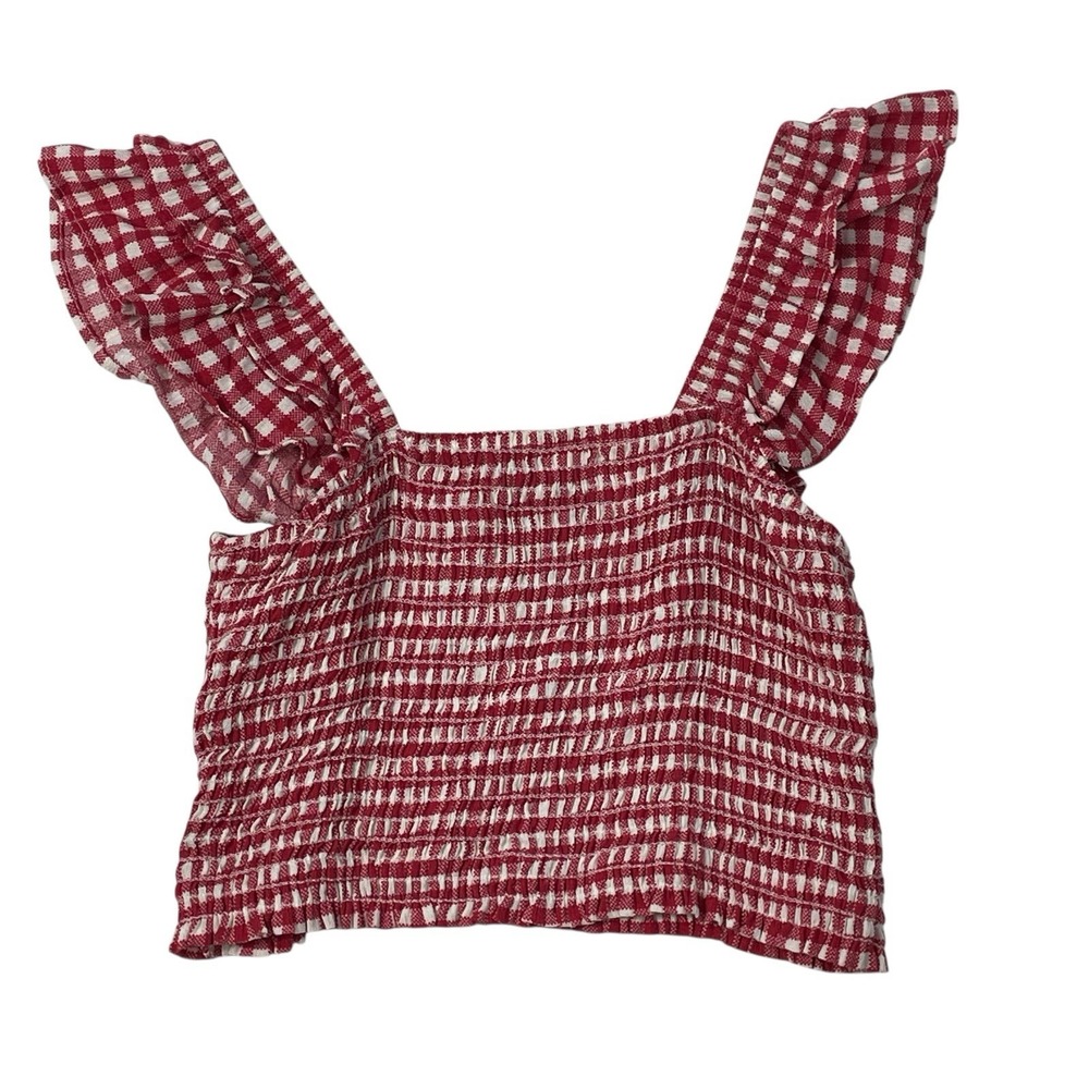 Altar'd State Top Womens L Red Gingham Smocked Crop Tank Ruffle Strap Cottagcore